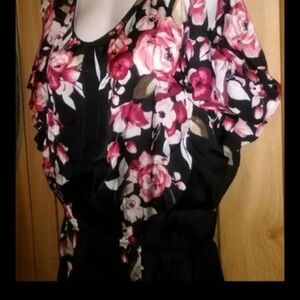 White House Black Market Black Blouse with Pink Floral Print